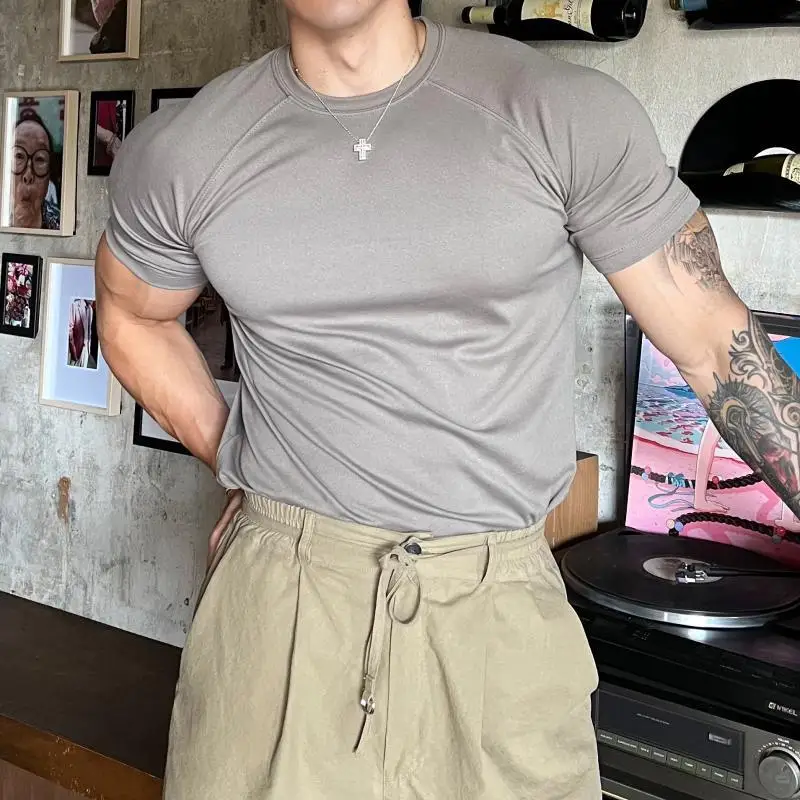 Extra Large 50.00kg Solid Raglan Short sleeve T-shirt Men's Clothing Summer Fashion Brand Sports Fitness Stretch Bottoming S...