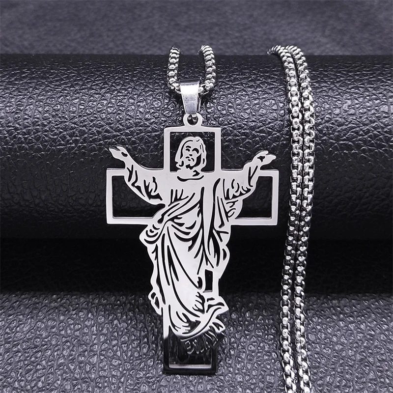 

Christian Jesus Cross Stainless Steel Pendant Necklace for Women Men Silver Color Religious Necklaces Jewelry collier N4573S02