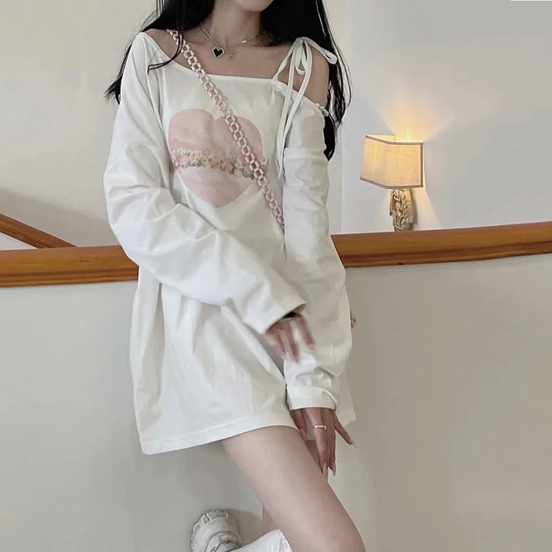 Zoki Off Shoulder Printing T Shirt Women Fashion Preppy Kawaii Sweet Lace Up Long Sleeve Tops Summer Korean Loose Casual Tees