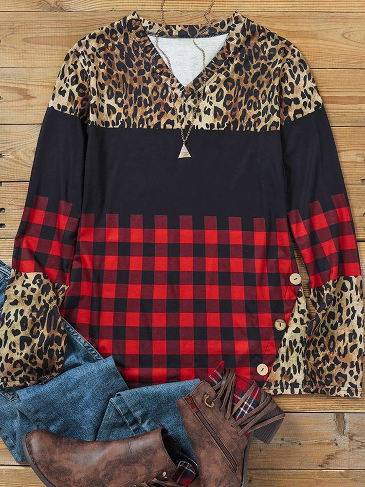 Блузка женская с длинным рукавом повседневный Удобный джемпер леопардовым