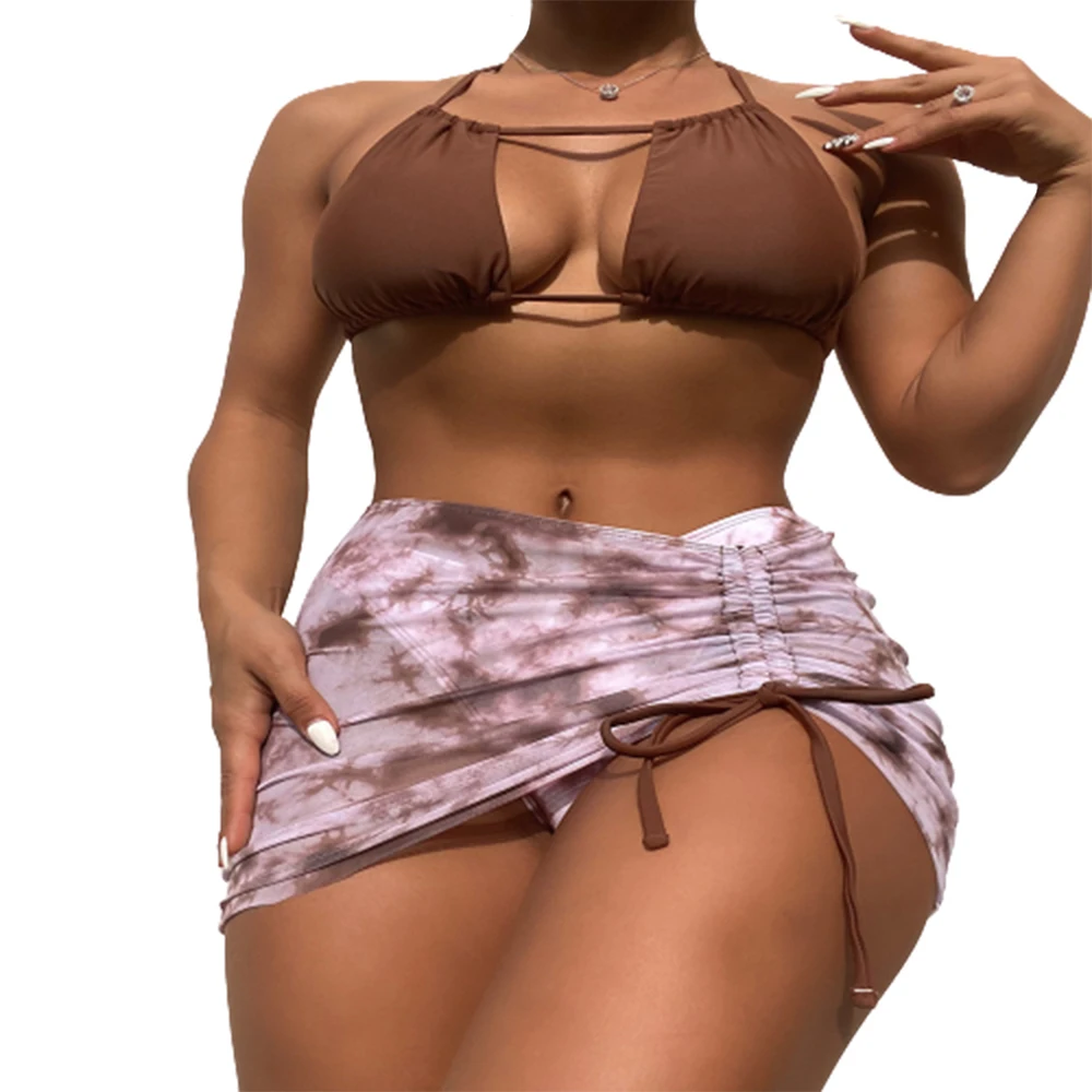 

FS Sexy Women Brown Micro Thong Hollow Out Cover Ups Bikini Set Hip Skirt Bathing Suit Lady Swimsuit Swimwear Three Pieces 2022