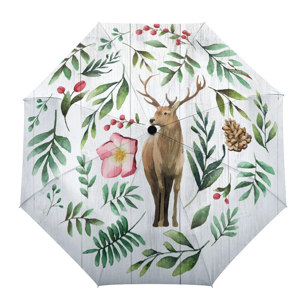 

Wood Grain Cone Animal Flower Elk Windproof Umbrellas Travel Folding Umbrella for Female Male Eight Bone Automatic Print Parasol