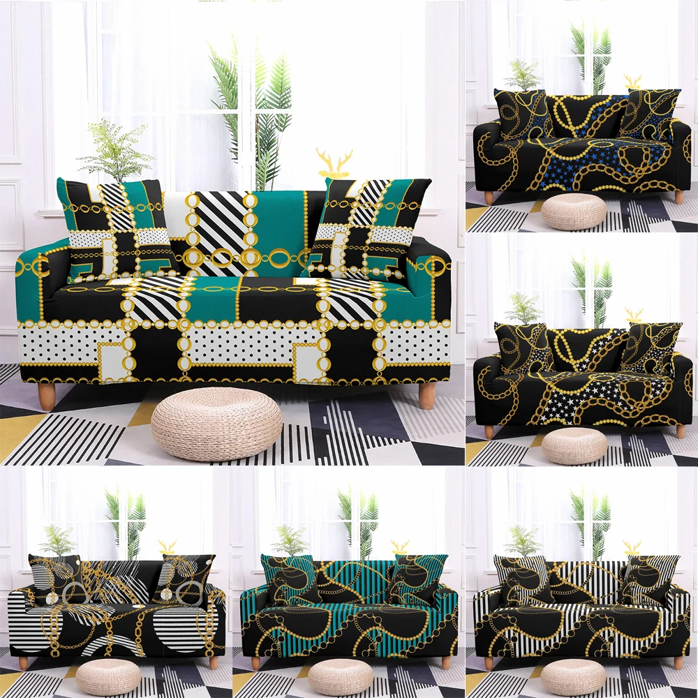 

Роскошные эластичные чехлы для диванов с золотистой цепочкой для гостиной с 3D принтом, чехол для углового дивана, украшение для дома L-образной формы