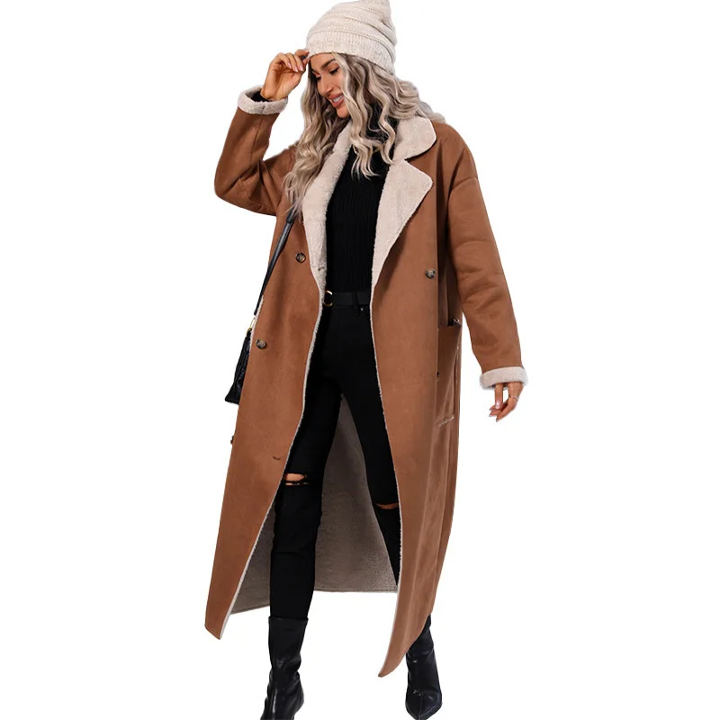 Fashionable New Women's Dress Suede Fur One piece Wool Suit Collar Pocket Cuff Collar Long Coat Women's Windbreaker Coat