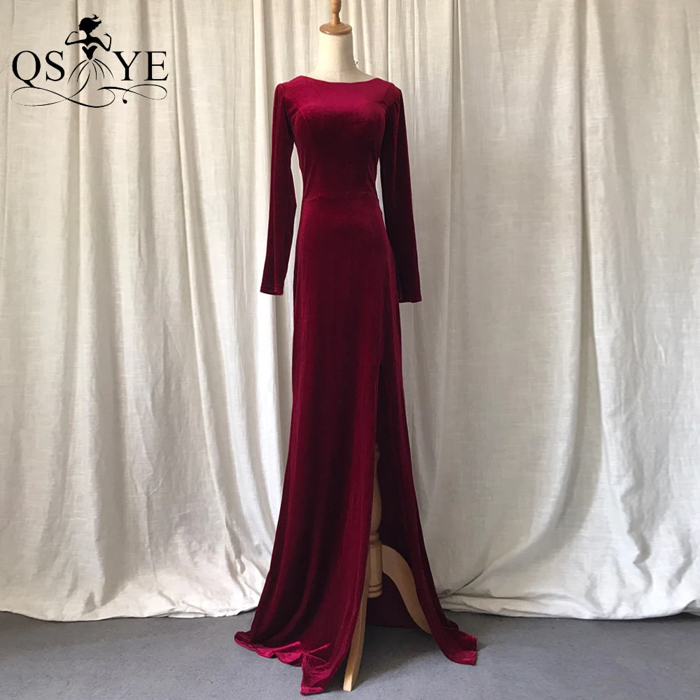 

Burgundy Velvet Prom Dresses Long Sleeves Scoop Neck Evening Gown Stretchy Mermaid Sexy Split Formal Party Dress Sweep Train