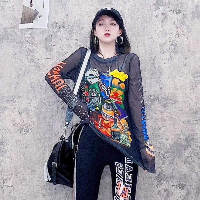 

Mesh T-shirt Women Bottoming Shirt Women New Summer All-match O-neck Perspective Gauze Streetwear Top Trendy Long-sleeved Tshirt