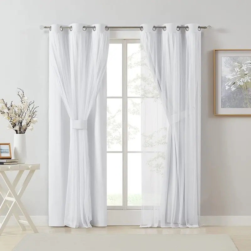 

White Full Blackout Curtain Panels with Sheer Overlay Mix and Match Double Layer Thermal Insulated Window Treatment Set for Livi