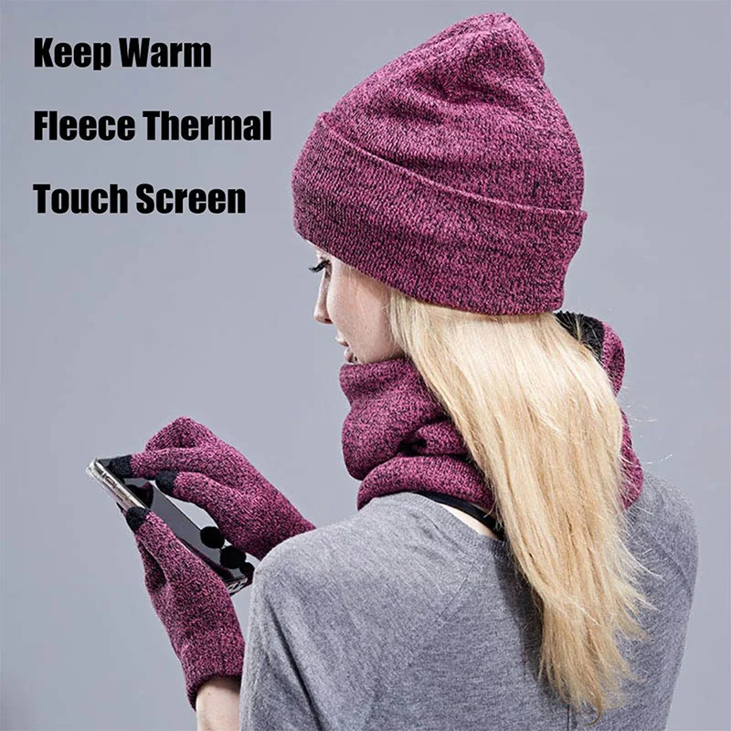 

New Winter Women Knitted Hat Men Caps Velvet Head Hood Touch Screen Gloves Scarves Warm Scarf Sets