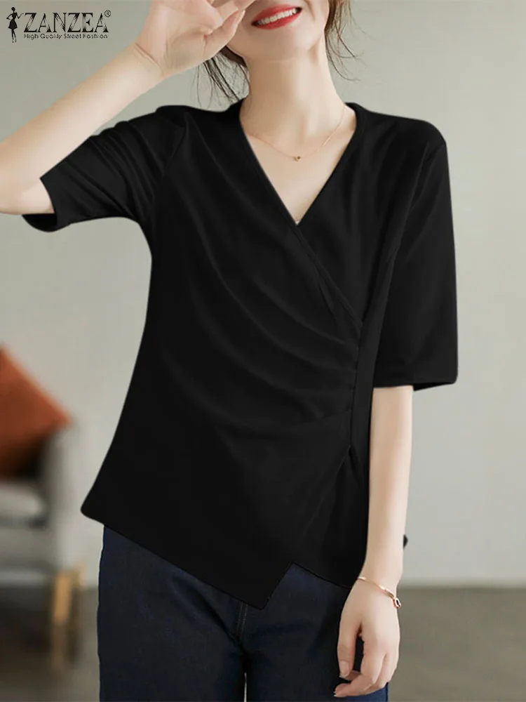 

ZANZEA Office Lady Drapped Tops Elegant Solid Color Irregular Hem V Neck Shirts Women Summer 2023 Half Sleeve Casual Blouses