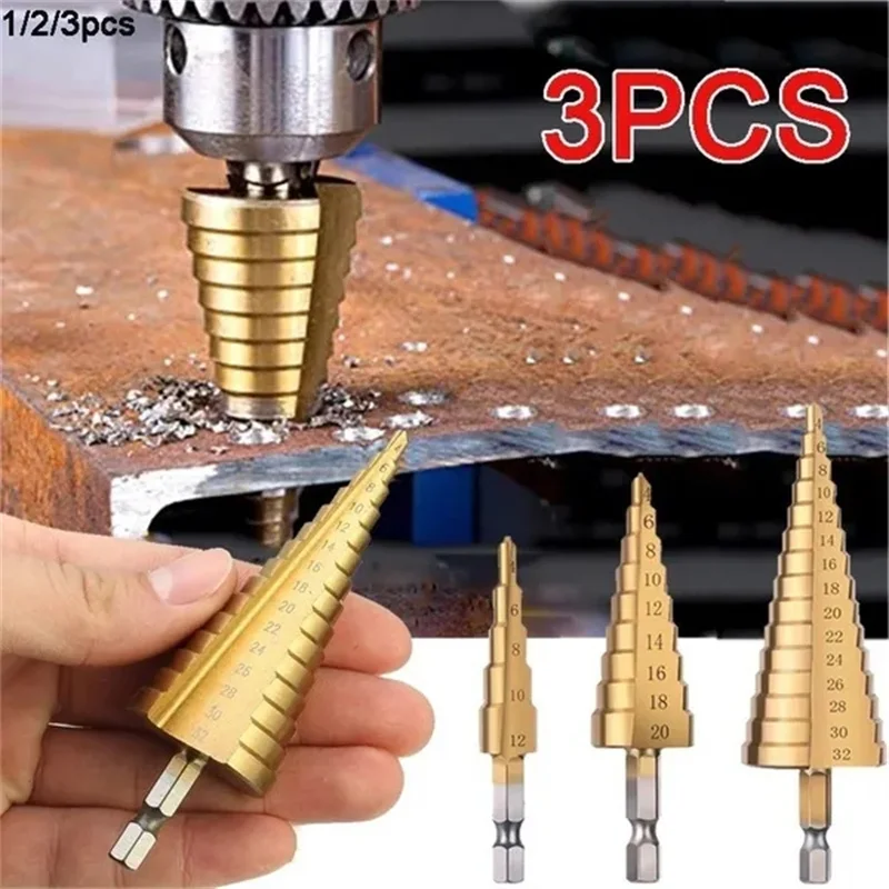 

Hexagon Shank Step Drill HSS Pagoda Drill Twist Drill Bit Taper Titanium Coated Wood Metal Hole Cutter Hexagon Core Drill Bit