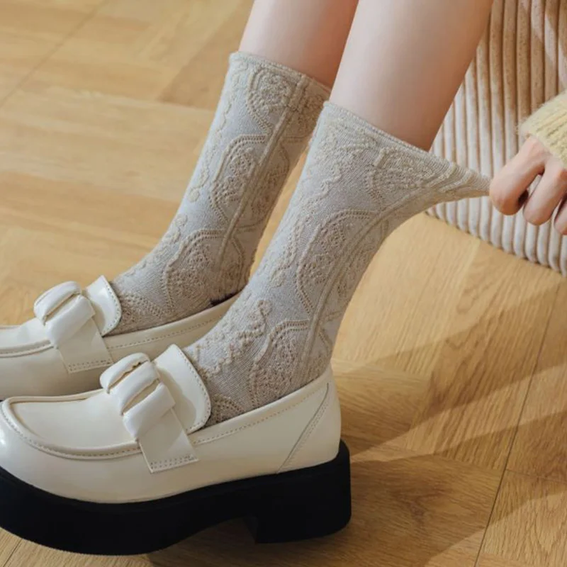 5 Pair Cashmere Purple Flowers Print Women Socks Street Style Cute Long Winter Wool Socks Fashion Comfortable Skateboard Cycling