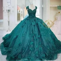 new 3d flowers ball gown quinceanera dresses teal green prom graduation gowns lace up corset princess sweet 15 16 dress vestidos