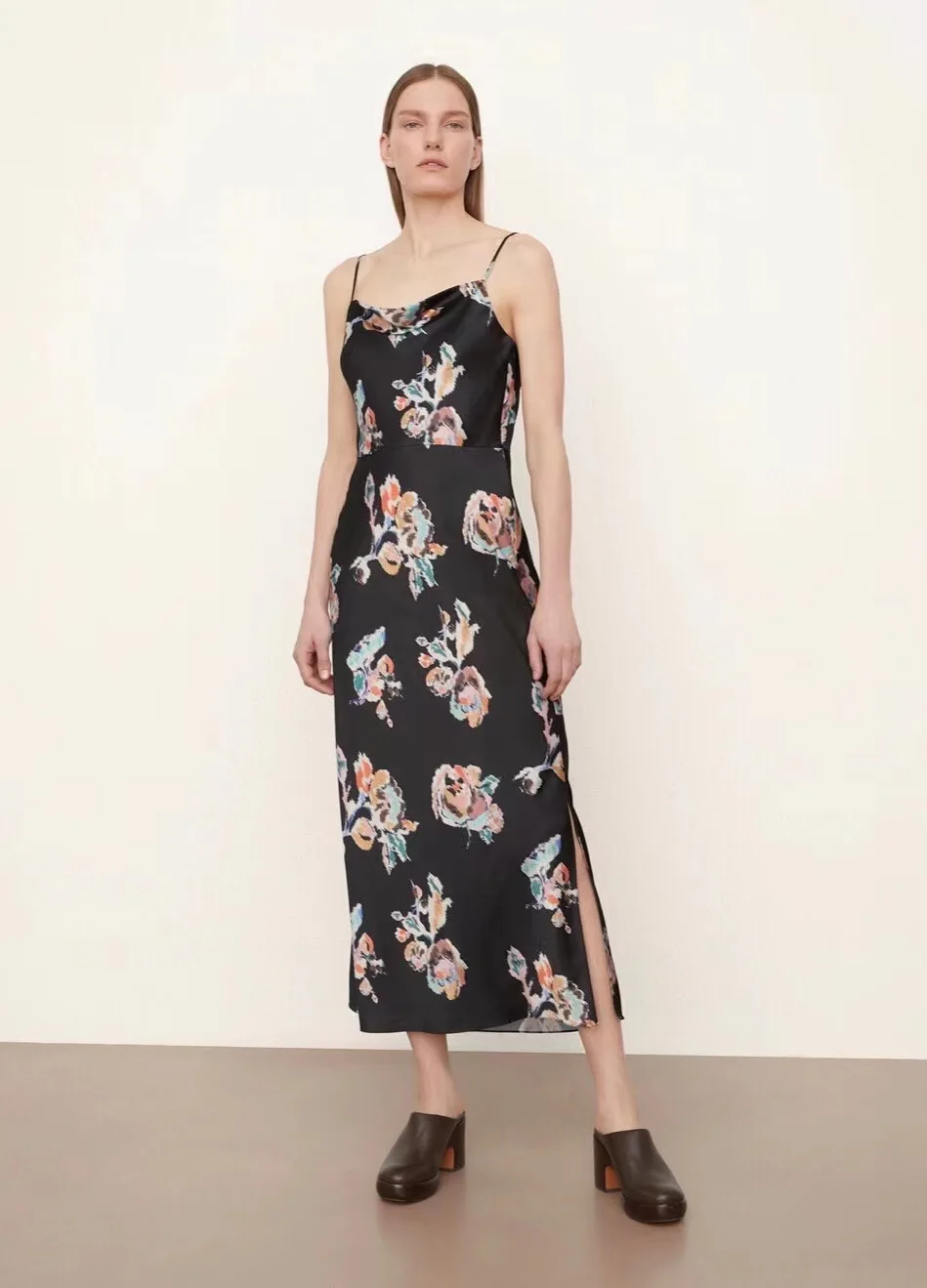Women Floral Print Retro Side Slit Strapless Sleeveless Satin Midi Sling Dress