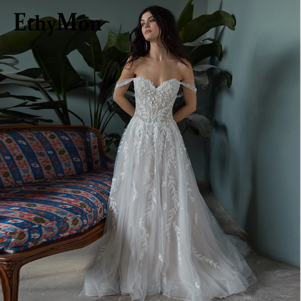 

Ethymon Elegant Off The Shoulder Sweetheart Wedding Dresses For Mariages Robe De Soirée De Mariage Floral Print Made To Order