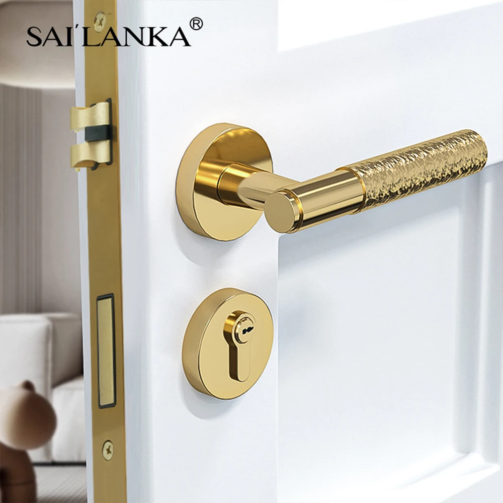 

SAILANKA Brass Hand Hammered Door Handle Lock Gold Retro Light Luxury Wood Door Handle Indoor Bedroom Silent Door Lock