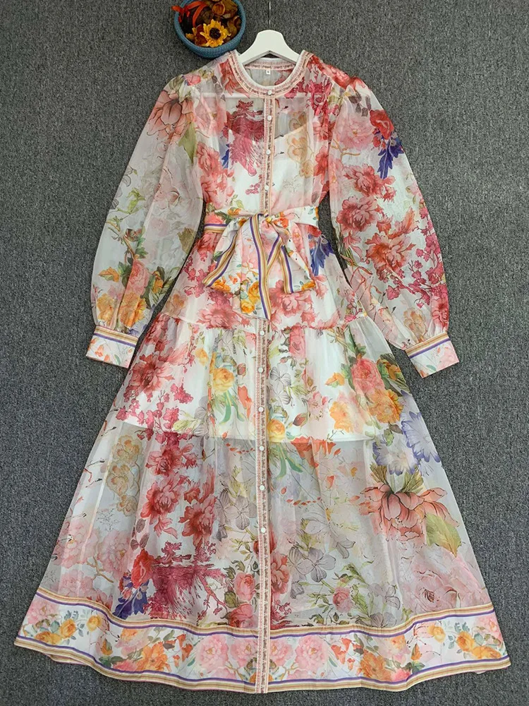 

Runway Dress Women 2023 Spring Summer New Fashion Printed Round Neck Lantern Sleeves Single Breasted Lace-Up Elegant Dress Midi