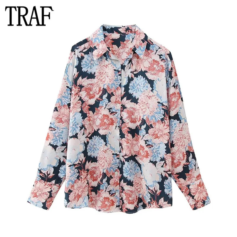 

TRAF 2023 Floral Shirts for Women Print Beach Women's Shirt Long Sleeve Shirts and Blouses Woman Summer Button Up Shirt Women