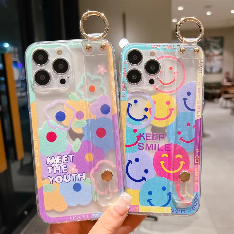 

for iPhone 14 Pro Max 13 12 11 X XR XS 7 8 Plus 6 Case Flower Smile Phone Holder Cover Shockproof Transparent Wrist Strap Cases