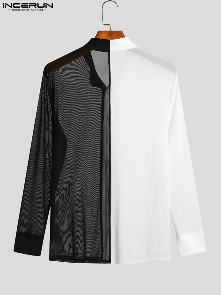 INCERUN Tops 2022 Handsome Well Fitting Men Black&White Mesh Stitching Blouse Casual Male Long-sleeved Stretch Thin Shirts S-5XL
