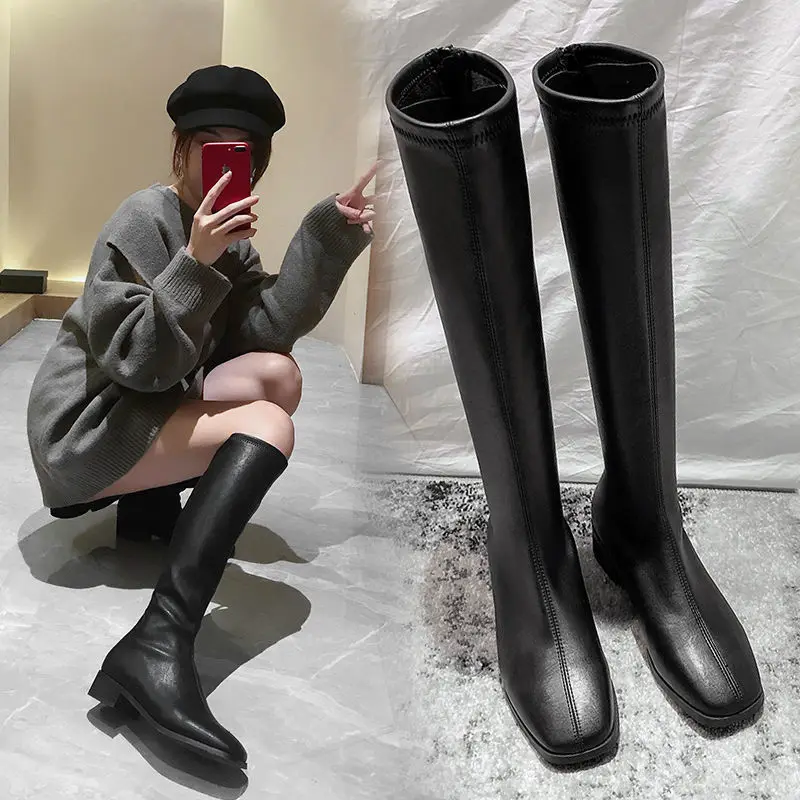 35-42 Large High Boots for Women Casual Shoes Spring Flat Anti Slip Flat Shoes Black Knight Shoes for Female Platform Boots