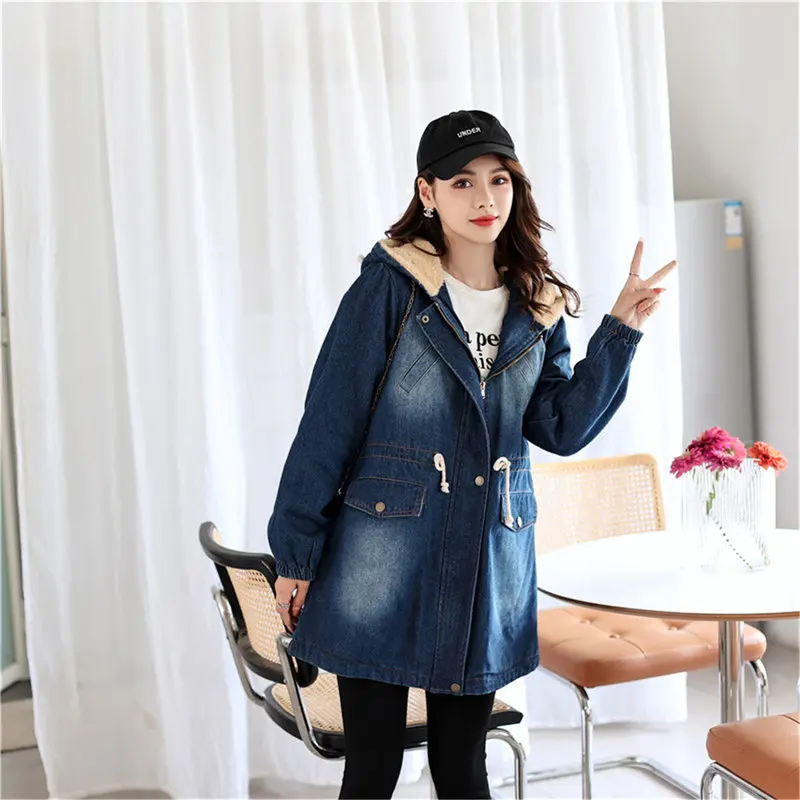 Fleece Thickened Hooded Denim Padded Parkas Coat Women's Winter Korean Fashion Loose Mid Length Drawstring Waist Denim  Jacket