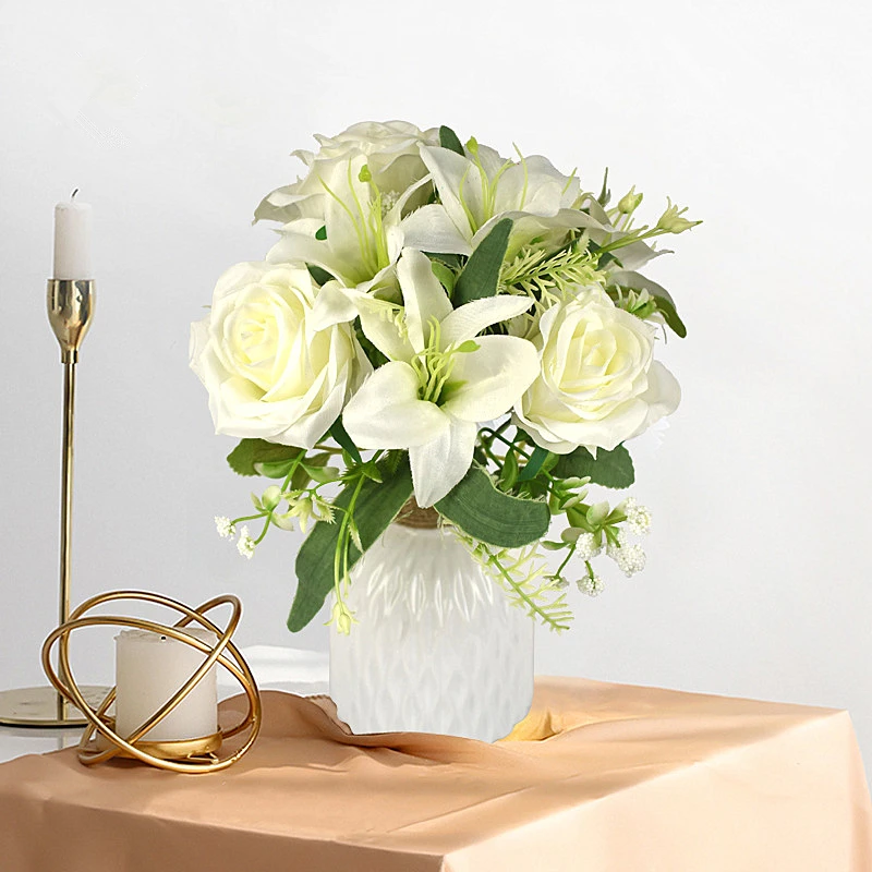 

Rose Lily Artificial Silk Flowers for Bride Wedding Bouquet Home Living Room Fake Flowers Wedding Decoration DIY Accessories