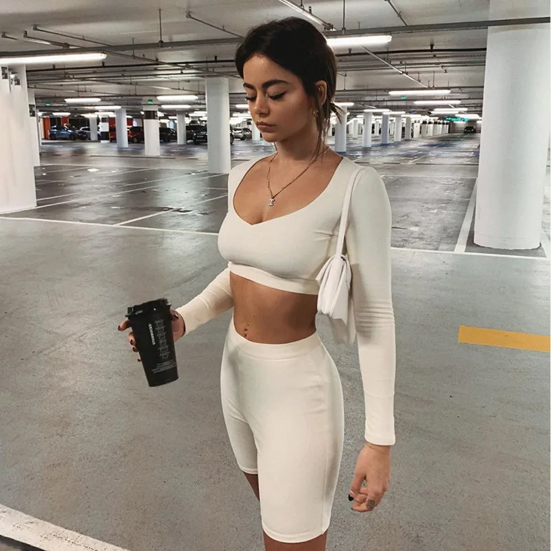 Women's Sexy Solid Color Long-sleeved Short T-shirt Shorts Casual Summer Cycling Fashion Sportswear Two-piece Clothing 2022 New