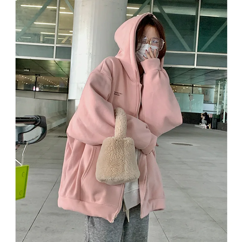 Age-reducing pink plus velvet vests female Korean version of loose hooded casual bai with foreign style thick coat winter