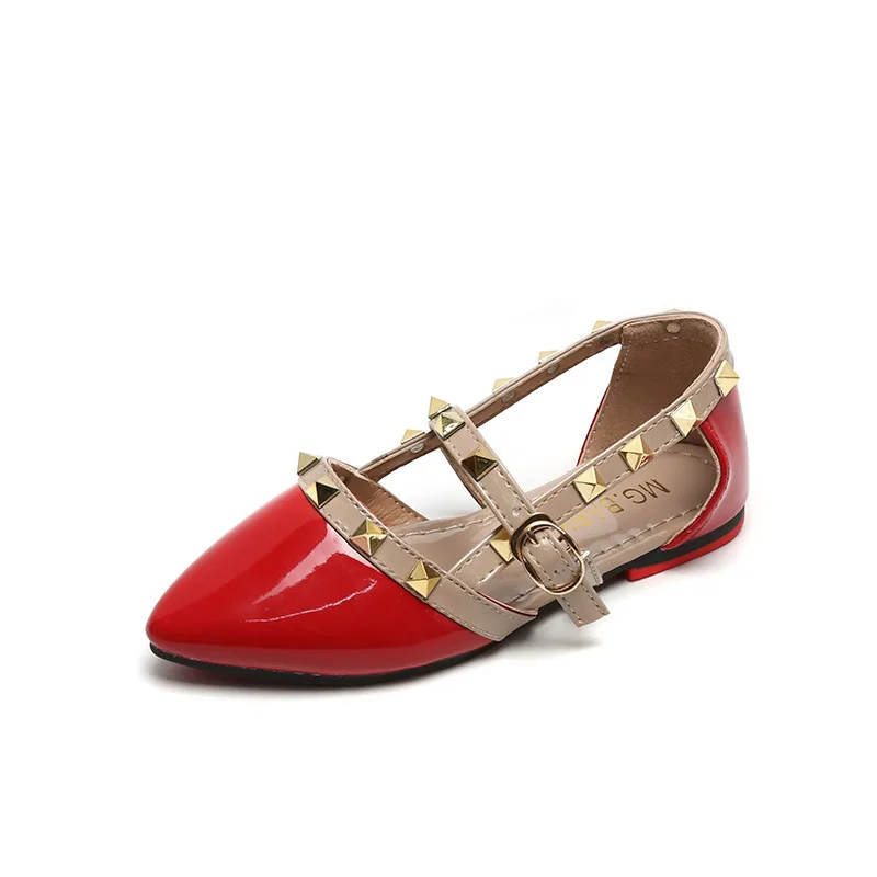 

Fashion Rivet Shoes Summer New Girl Princess Shoes Pointed Sandals Children's PU Leather Shoes Hollow Anti-Slippery Red Sandals