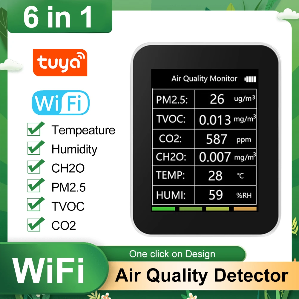 

Новый многофункциональный детектор качества воздуха 6 в 1, PM2.5 TVOC CO2 CH2O датчик контроля температуры и влажности для дома, офиса, отеля