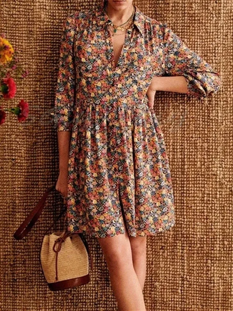 

Женское однобортное мини-платье, милое короткое Плиссированное Платье-рубашка с длинным рукавом и ярким цветочным принтом, весна 2022