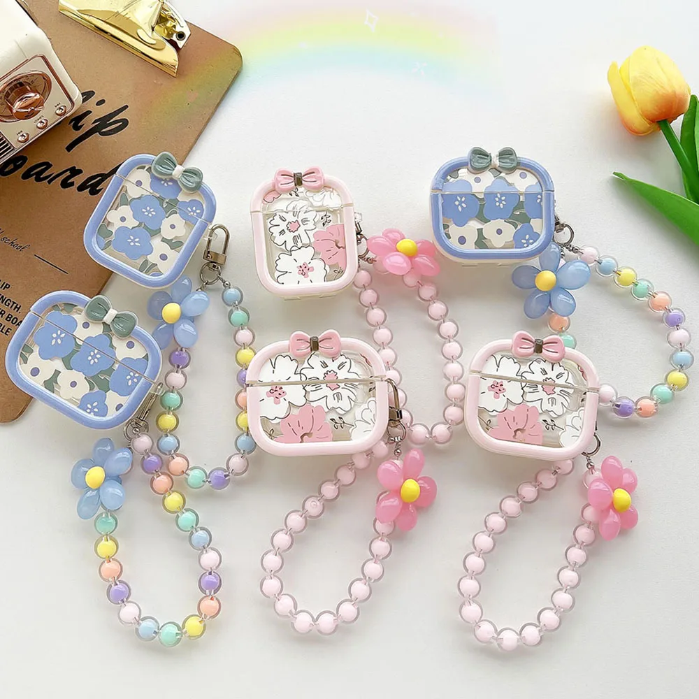

Korean Square Flowers Earphone Cases For Airpods 2 3 Headphones Case Protective Case For Apple Air pods Pro Clear Cover Keychain