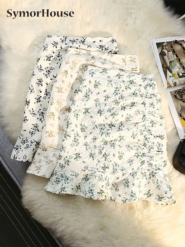 

New Floral Prints Pencil Skirts Womens 2022 Summer Korean Fashion Clothing Elegant Elastic High Waist Folds Mermaid Mini Skirts