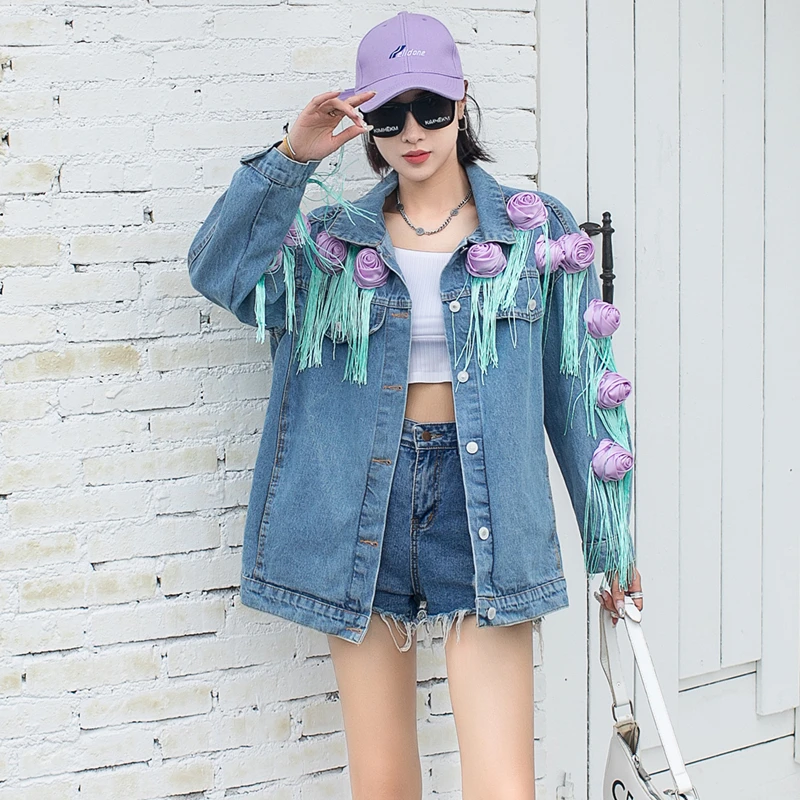 

Three-dimensional Rose Flower Tassel Blue Denim Jacket Autumn Women Streetwear Casual Lapel Long Sleeve Female Jeans Jacket Coat