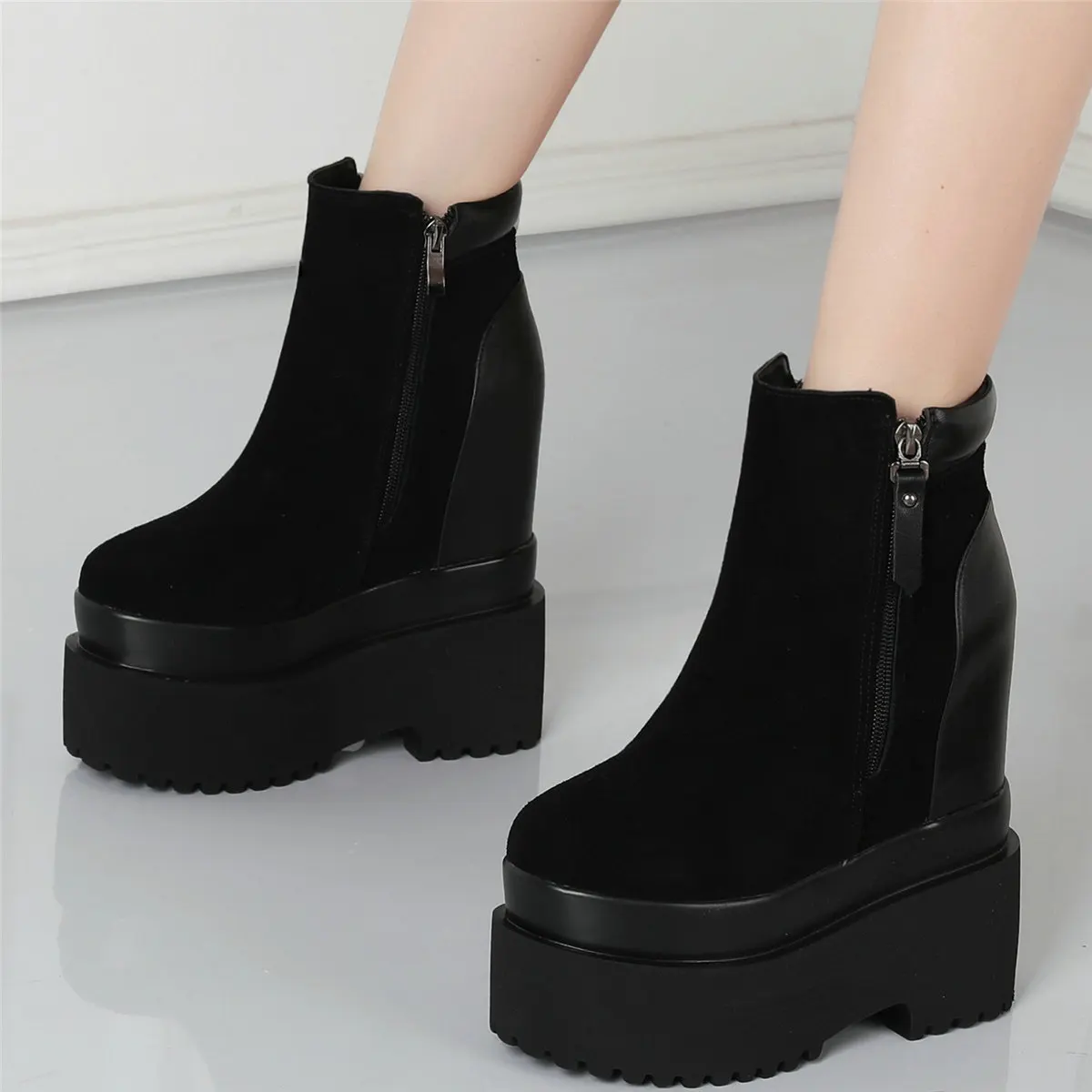 

Winter Warm Punk Creepers Women Genuine Leather High Heel Platform Pumps Female High Top Round Toe Fashion Sneakers Casual Shoes