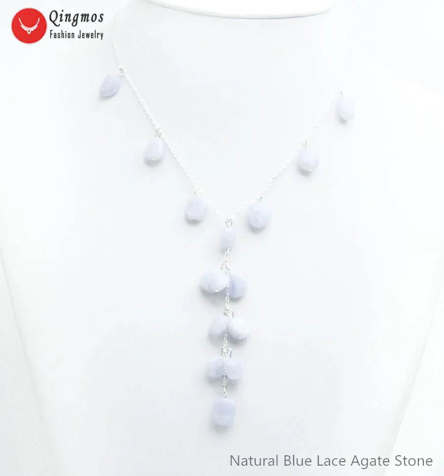 

Qingmos Fashion Natural Stone Pendant Necklace for Women with Baroque 8-10mm Blue Lace Agates Stone Necklace Jewelry 16.5'' 6543