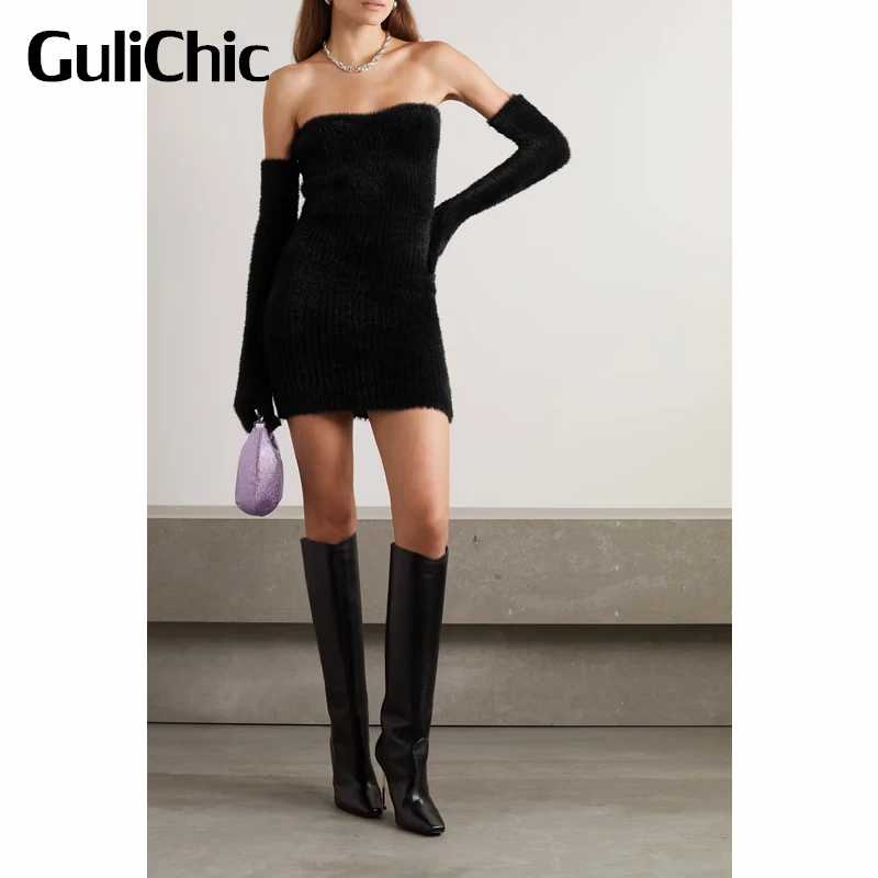 

12.1 GuliChic Women Temperament Fashion Sexy Off Shouder Strapless Slim Fluffy Knitted Gloves Black Mini Dress