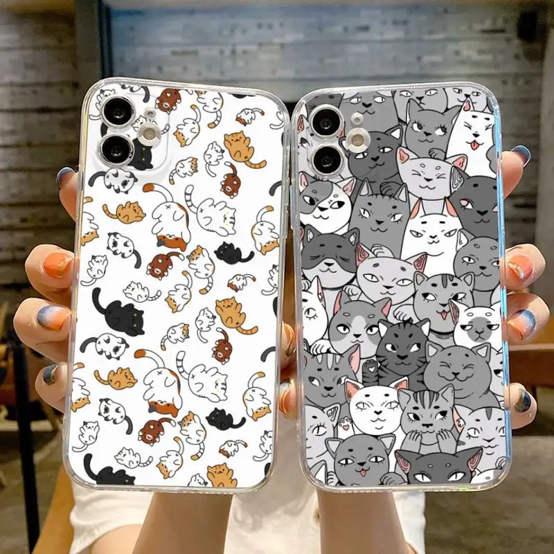 

Cartoon Cute Cats Phone Case Transparent For iphone 13 12 11 Pro Max Mini X XR XS 7 8 6s plus phone Full Coverage Covers