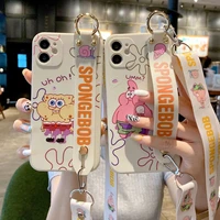 cute spongebob squarepants phone case for iphone 11 12 13 pro max x xs xr 6 6s 7 8 plus se 2020 with lanyard wrist holder cover