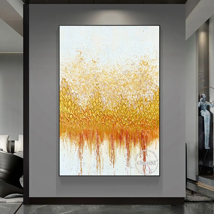 

Free Shipping Unframed Home Decor Golden Trees Oil Painting New Arrival Abstract Textured Canvas Wall Art Panel Set Artwork
