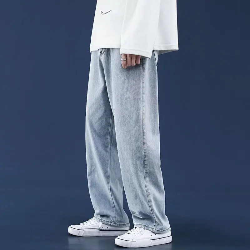 Streetwear Vintage Jeans Summer Fashion Solid Straight-Leg Pants Jeans Men's Casual Mid Waist Button Loose Denim Wide-Leg Jeans