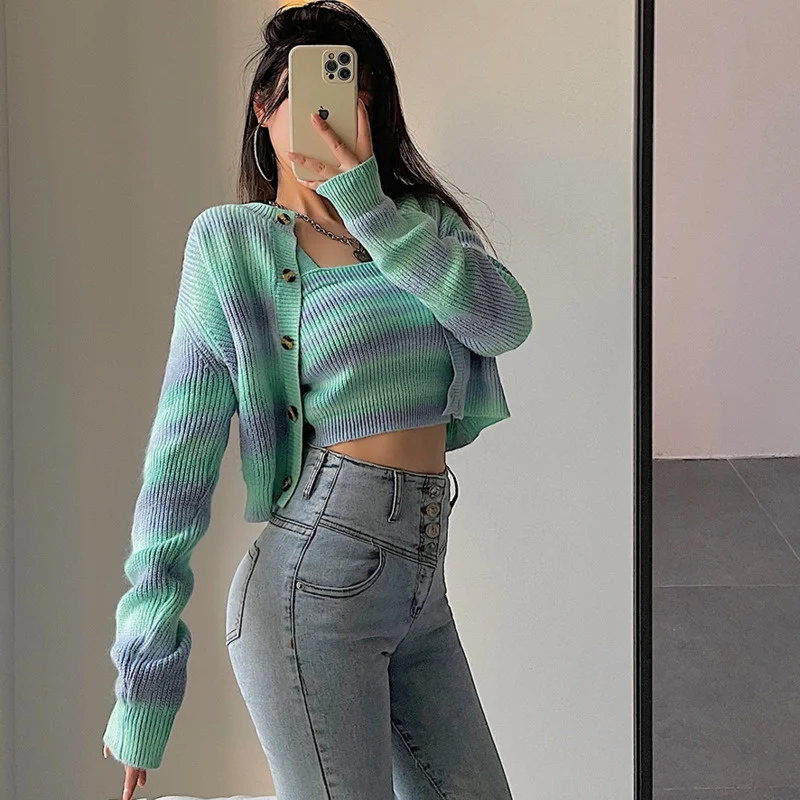 

WOMENGAGA Girl Fashion Slim Long Sleeve Knitted Short Cardigan Vest Two Piece Sweater Hot Sexy Korean Women Tops J880