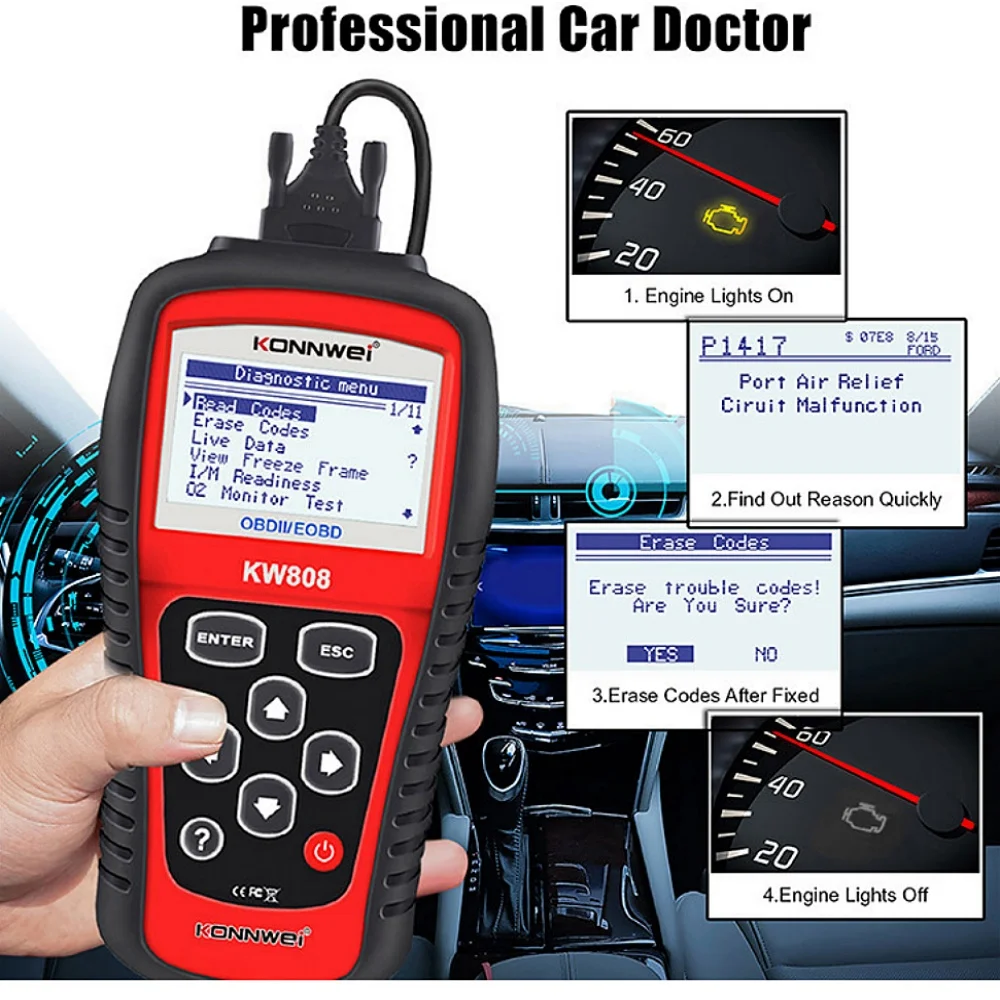 Фото Универсальный автомобильный считыватель кодов OBDII EOBD, сканер, диагностика, инструмент сканирования, замена автомобиля Maxiscan MS509, OBD, KW808 №1