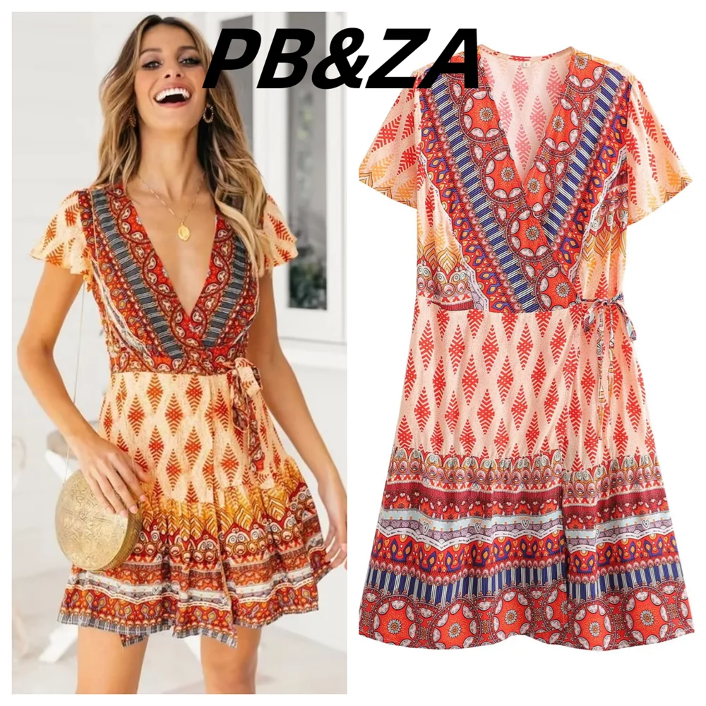 

PB&ZA 2023 summer new women's clothing ethnic style printing V-neck casual vacation dress waist beach skirt