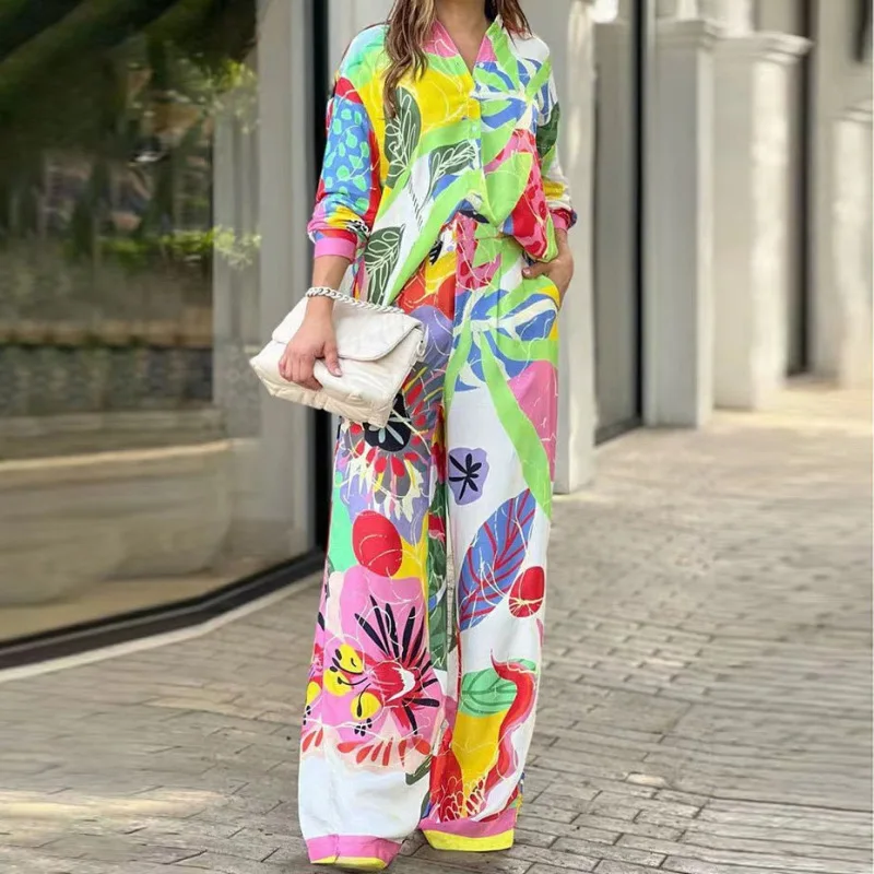 

2023 Women's autumn lapel long sleeve printed loose shirt high waist fashion casual suit