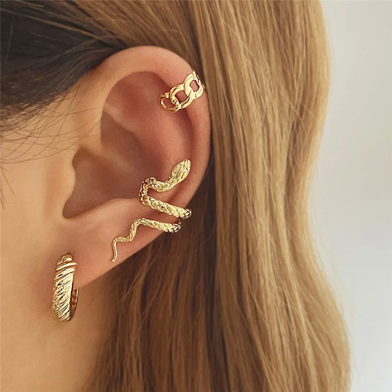 

3PC Gold Snake Earring Clips Without Piercing Punk Non Pierced Clip Earrings Ear Cuff for Women Men Gothic Fake Piercing Jewelry