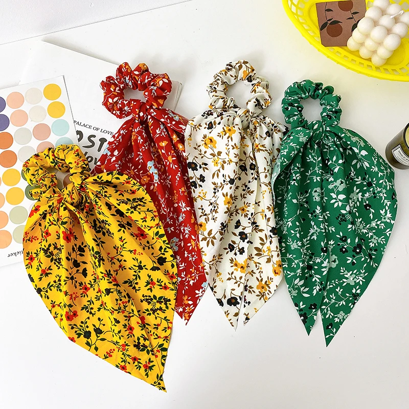 

High Quality Custom Elastic Print Flower Printing Colorful Fashion Hair Scrunchies With Long Ribbon