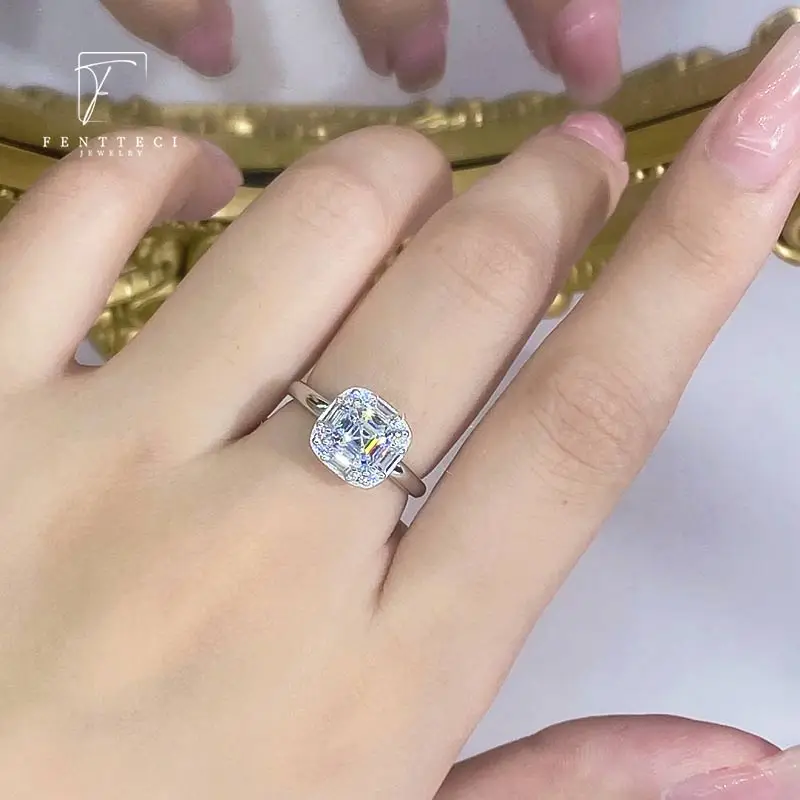 FENTTECI S925 Sterling Silver Platinum Plated Square Moissanite Ring Luxury Jewelry For Women Wedding Engagement Party Gift