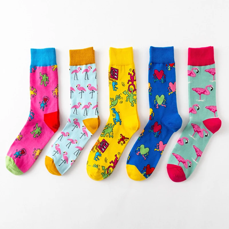 Personality creative couple graffiti fashion trendy cotton socks Flamingo men's socks