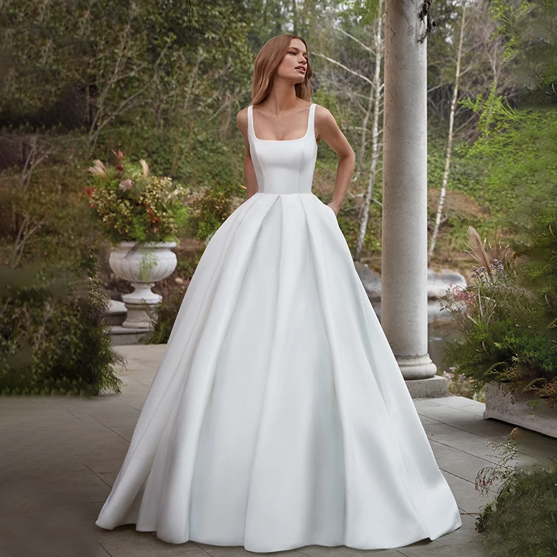 

Классические атласные свадебные платья-трапеции с квадратным вырезом, свадебные платья на бретелях-спагетти без рукавов, свадебное платье